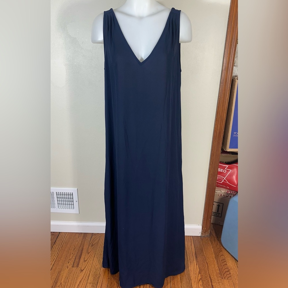 J Crew M Crepe Slip Dress Double V Neck Back Maxi Long Tank Boho Navy Blue A7837 - Picture 6 of 9